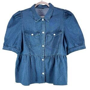 Denim Peplum Button Down Top Puff Sleeve Cottagecore Western Women’s Large
